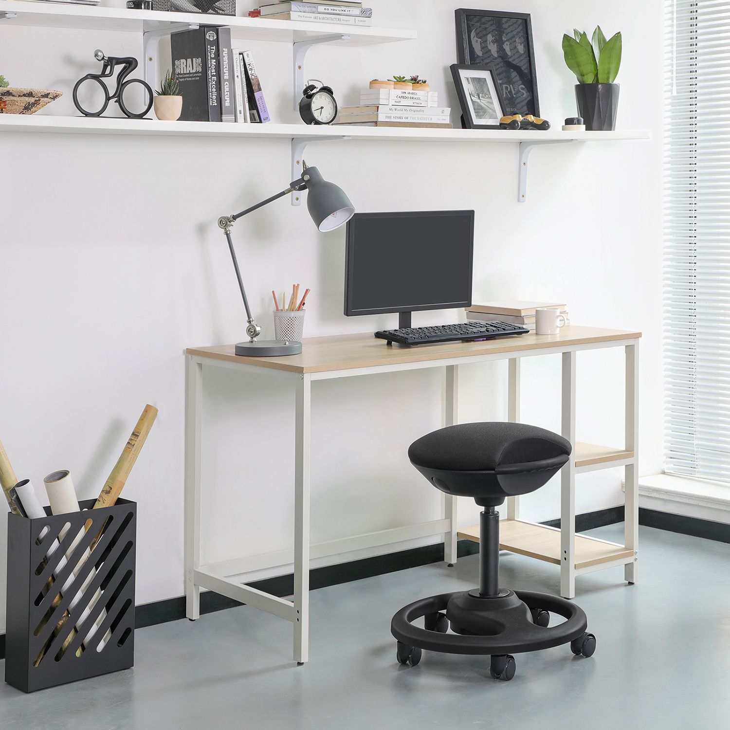 Biroja taburete uz riteņiem, regulējams augstums, melna, sēdeklis Ø 42 cm, 55-73 cm - Image 2