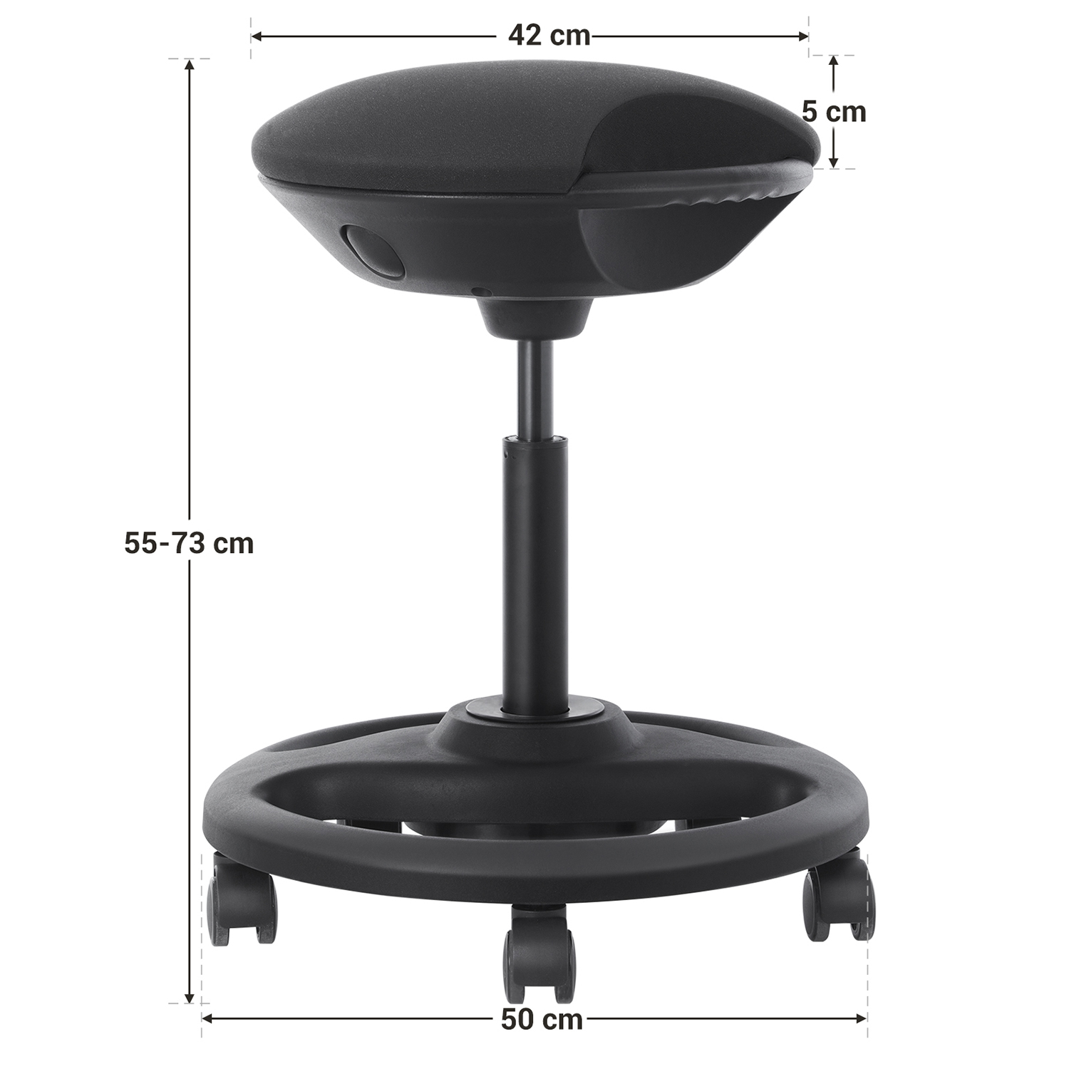 Biroja taburete uz riteņiem, regulējams augstums, melna, sēdeklis Ø 42 cm, 55-73 cm - Image 3