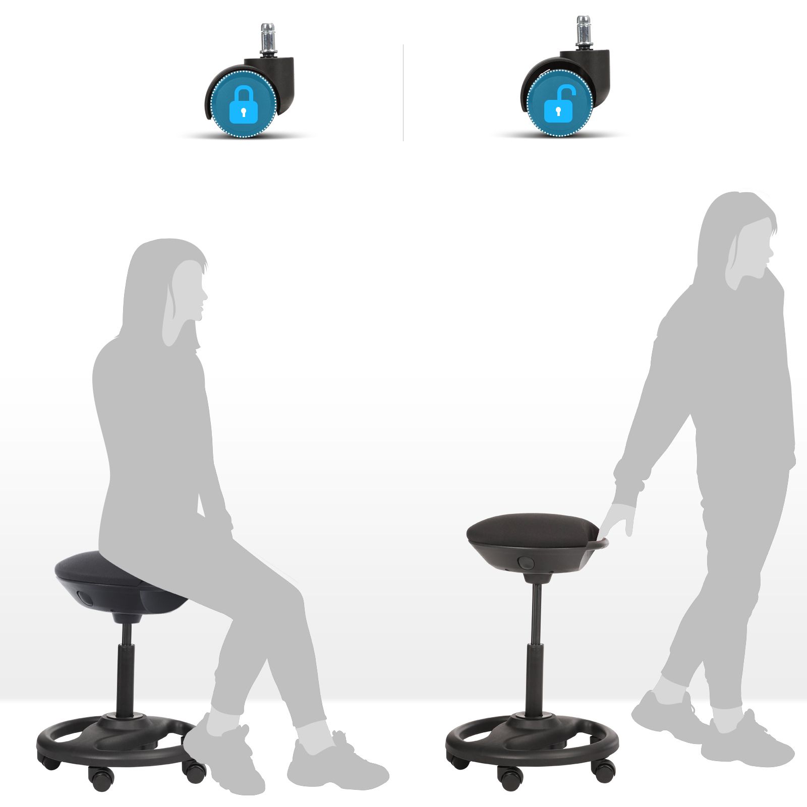 Biroja taburete uz riteņiem, regulējams augstums, melna, sēdeklis Ø 42 cm, 55-73 cm - Image 8