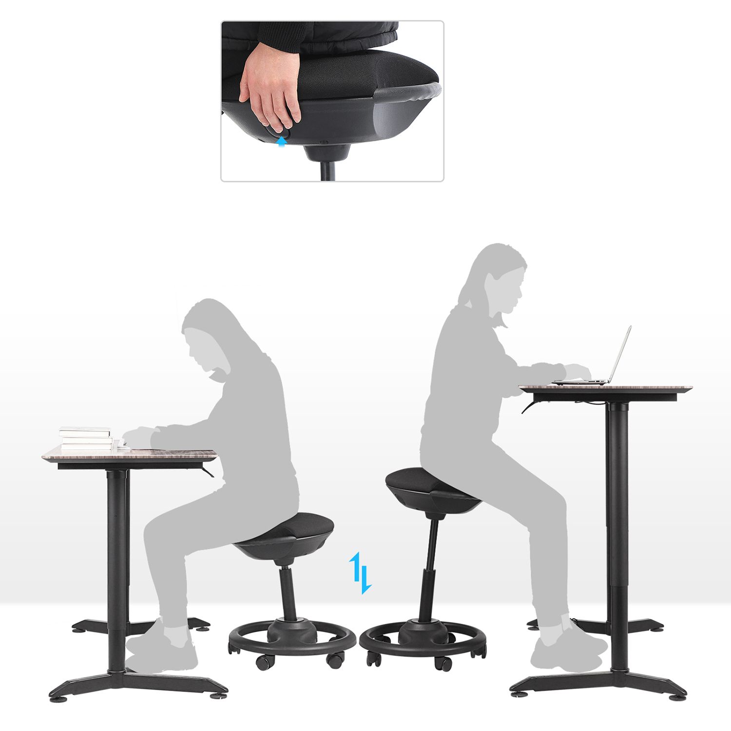 Biroja taburete uz riteņiem, regulējams augstums, melna, sēdeklis Ø 42 cm, 55-73 cm - Image 9