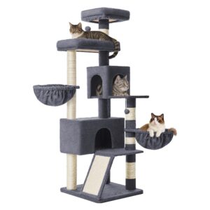 Kraapimispuu kassidele, 174 cm, suure platvormi ja topeltkoopaga, tumehall