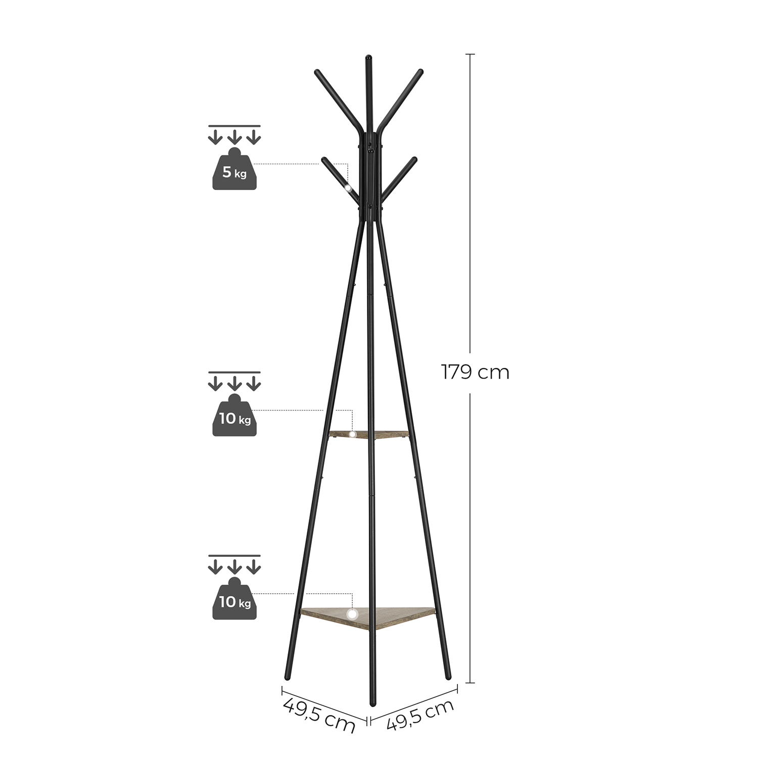 Puumuotoinen naulakko, 49,5 x 49,5 x 179 cm, 2 hyllyä, greige-musta - Image 7