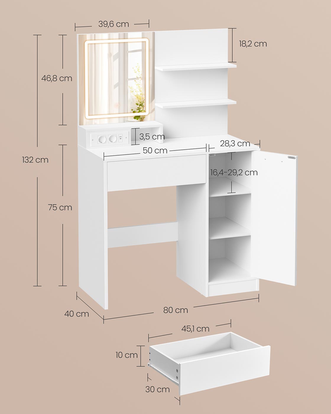 Kosmetinis staliukas su LED veidrodžiu, stalčiumi ir atviromis lentynomis, 40 x 80 x 132 cm, baltas - Image 6