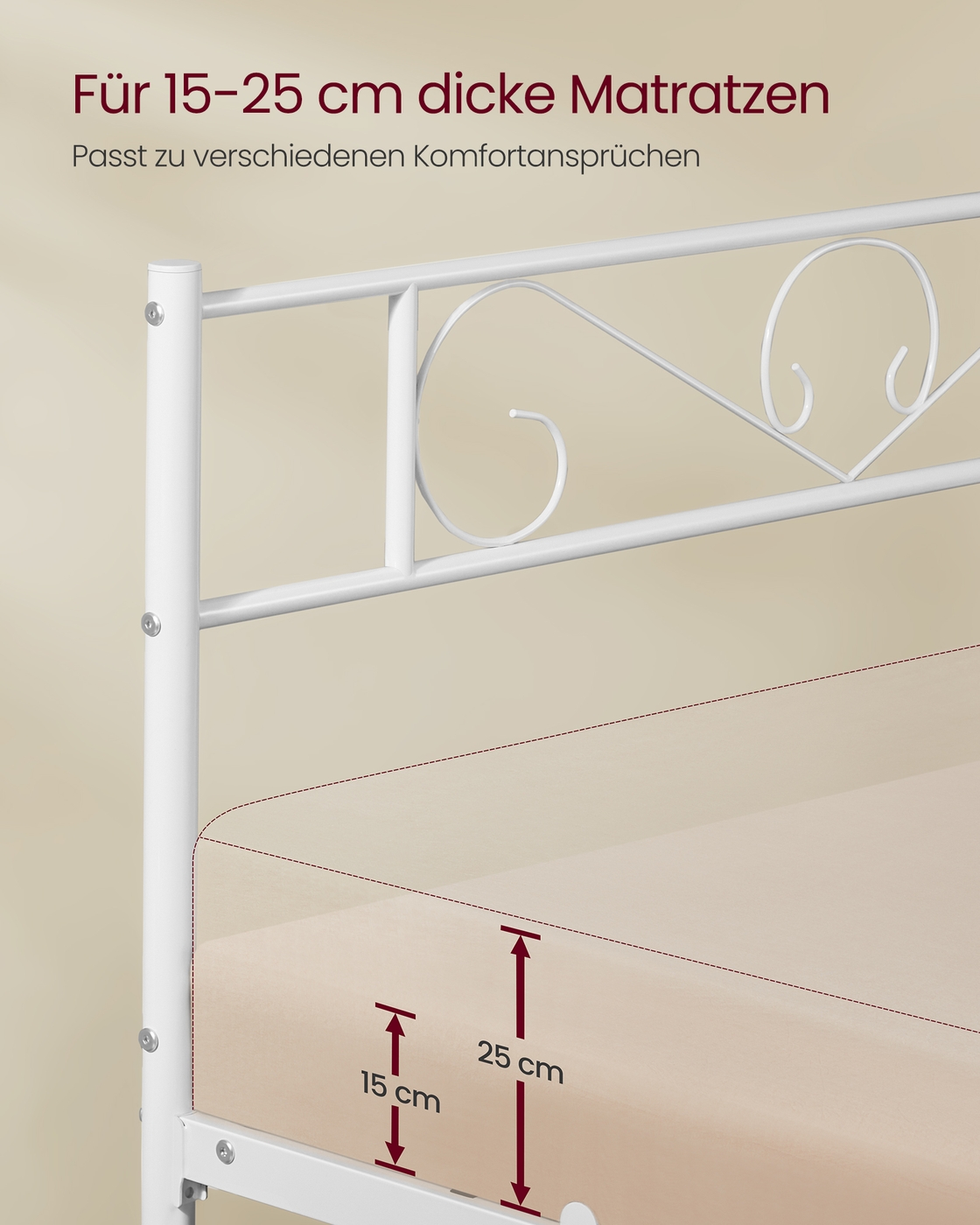 Viengulės lovos metalinis rėmas, baltas, 207 x 141,5 x 86,2 cm, 90 x 190 cm čiužiniui - Image 4