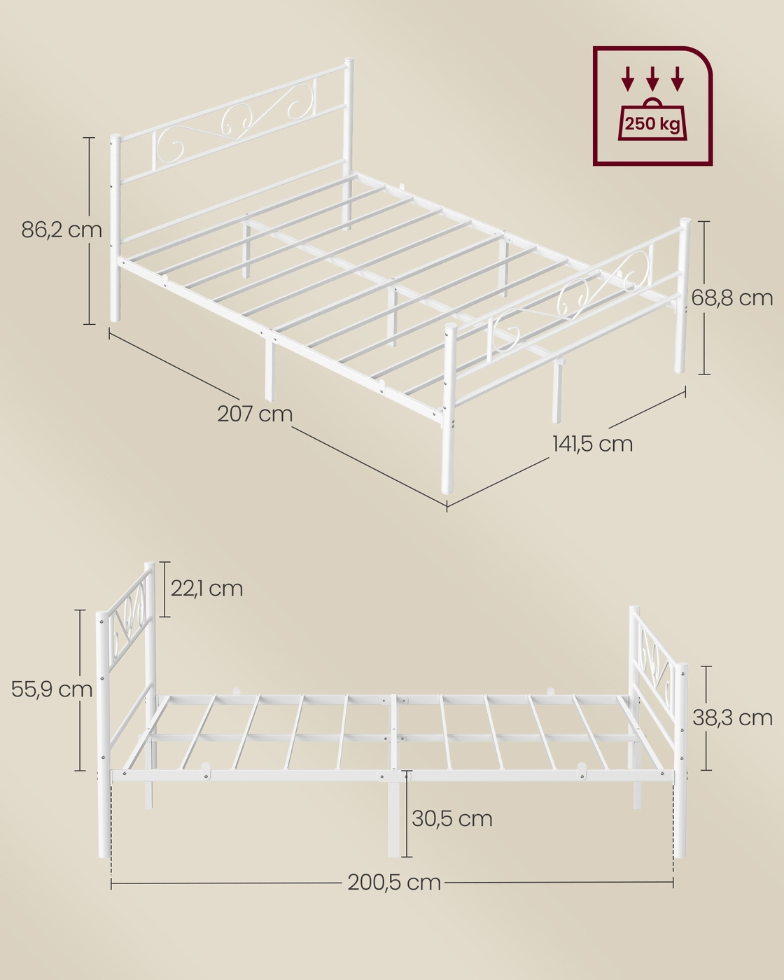 Viengulės lovos metalinis rėmas, baltas, 207 x 141,5 x 86,2 cm, 90 x 190 cm čiužiniui - Image 6