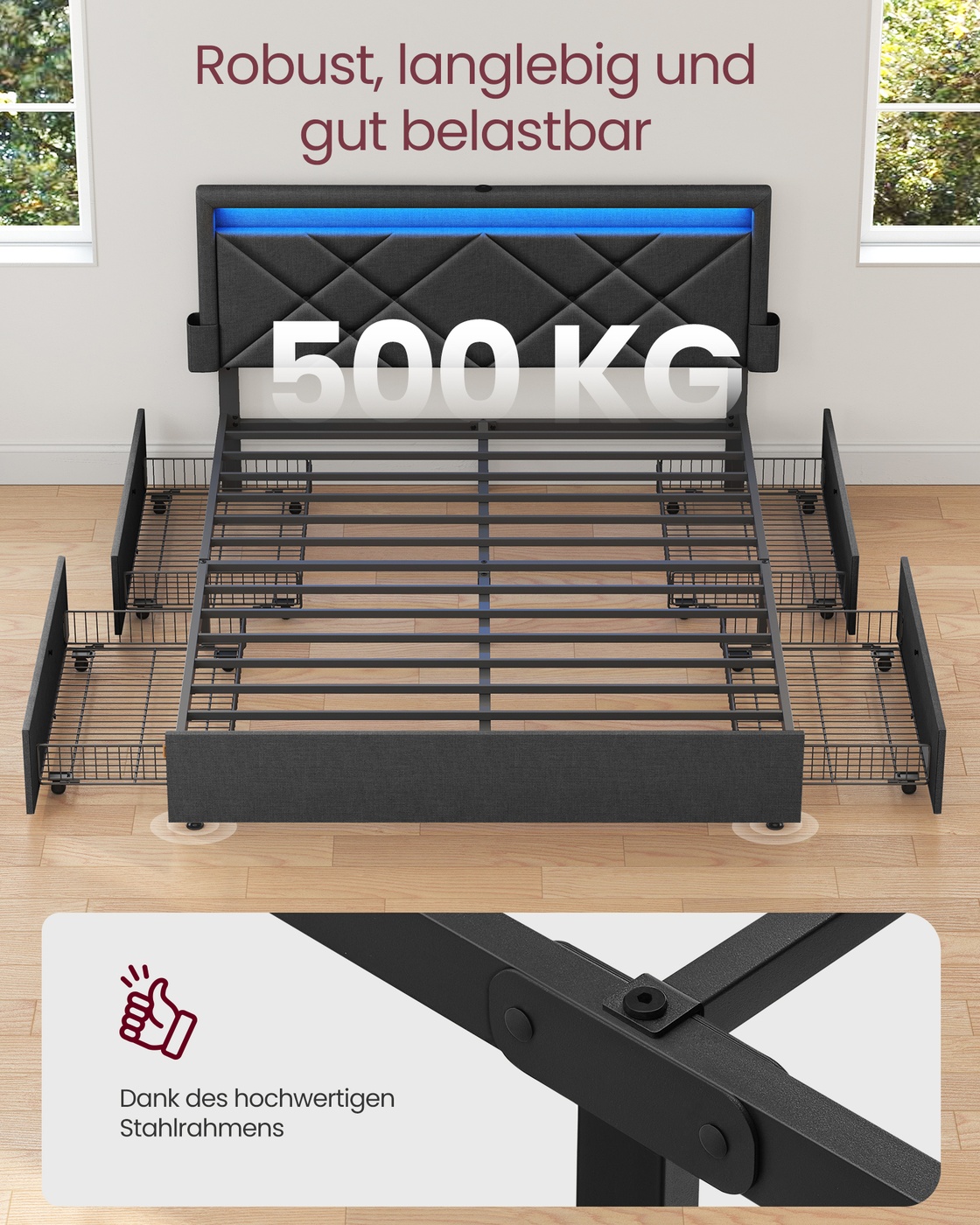 Gultas rāmis 160 x 200 cm no tērauda ar LED apgaismojumu, 4 atvilktnēm un galvgali - Image 6