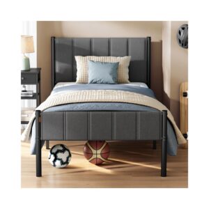 Voodiraam 90 x 200 cm terasliistudega ja polsterdatud peatsiga, kiltkivihall