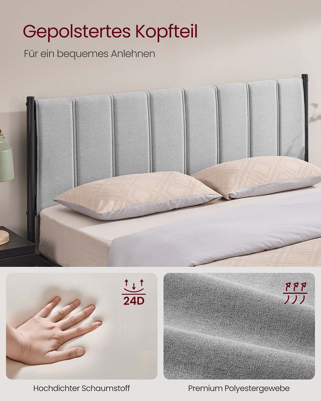 Divguļamās gultas rāmis 140 x 200 cm, tērauda līstes, polsterēts galvgalis, baložu pelēks - Image 3