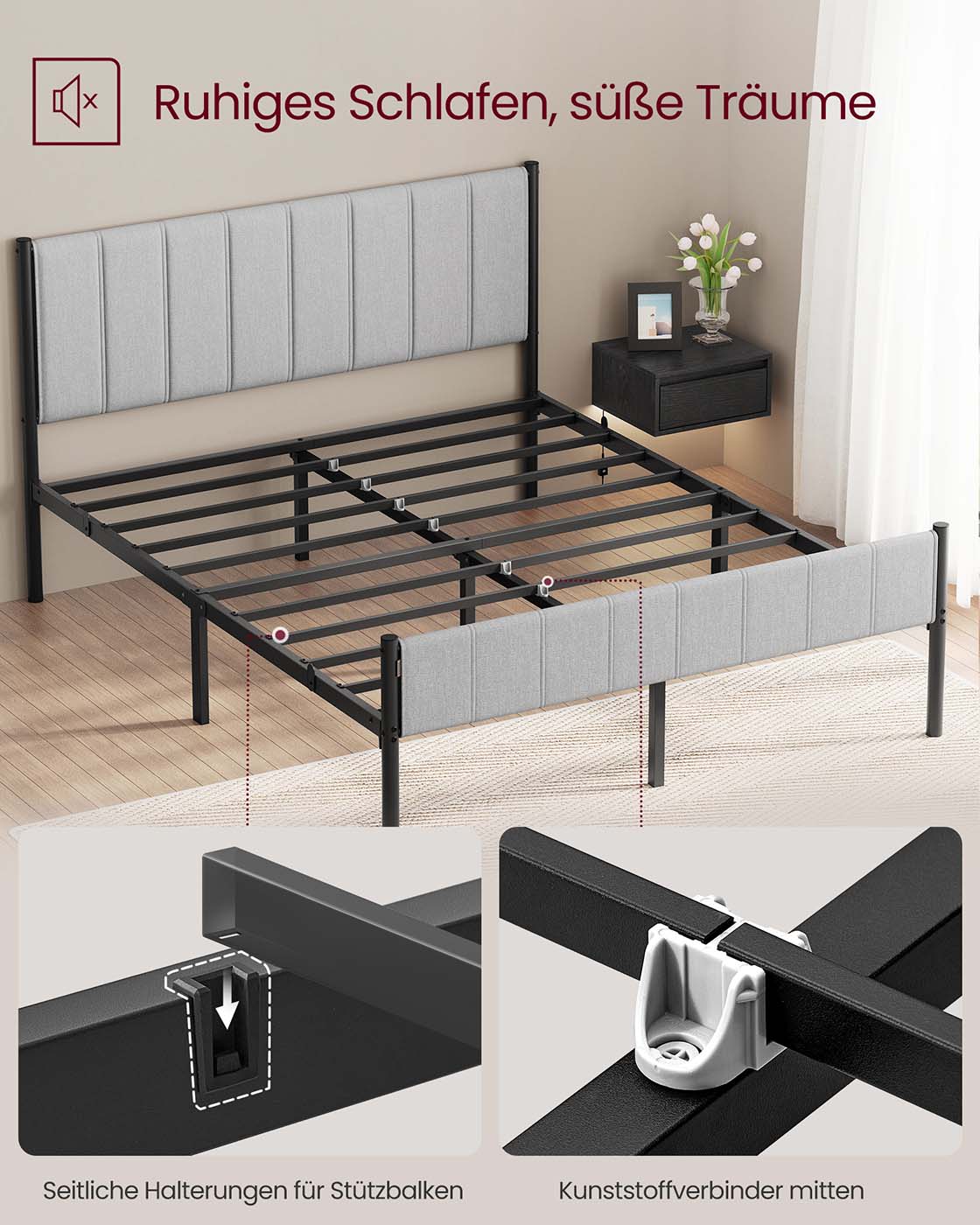 Divguļamās gultas rāmis 140 x 200 cm, tērauda līstes, polsterēts galvgalis, baložu pelēks - Image 5
