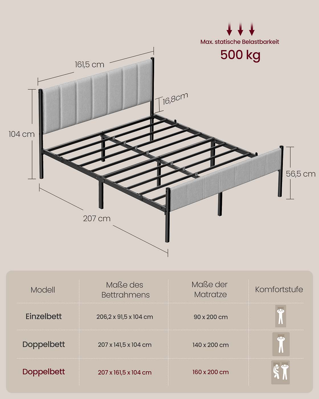 Divguļamās gultas rāmis 140 x 200 cm, tērauda līstes, polsterēts galvgalis, baložu pelēks - Image 7