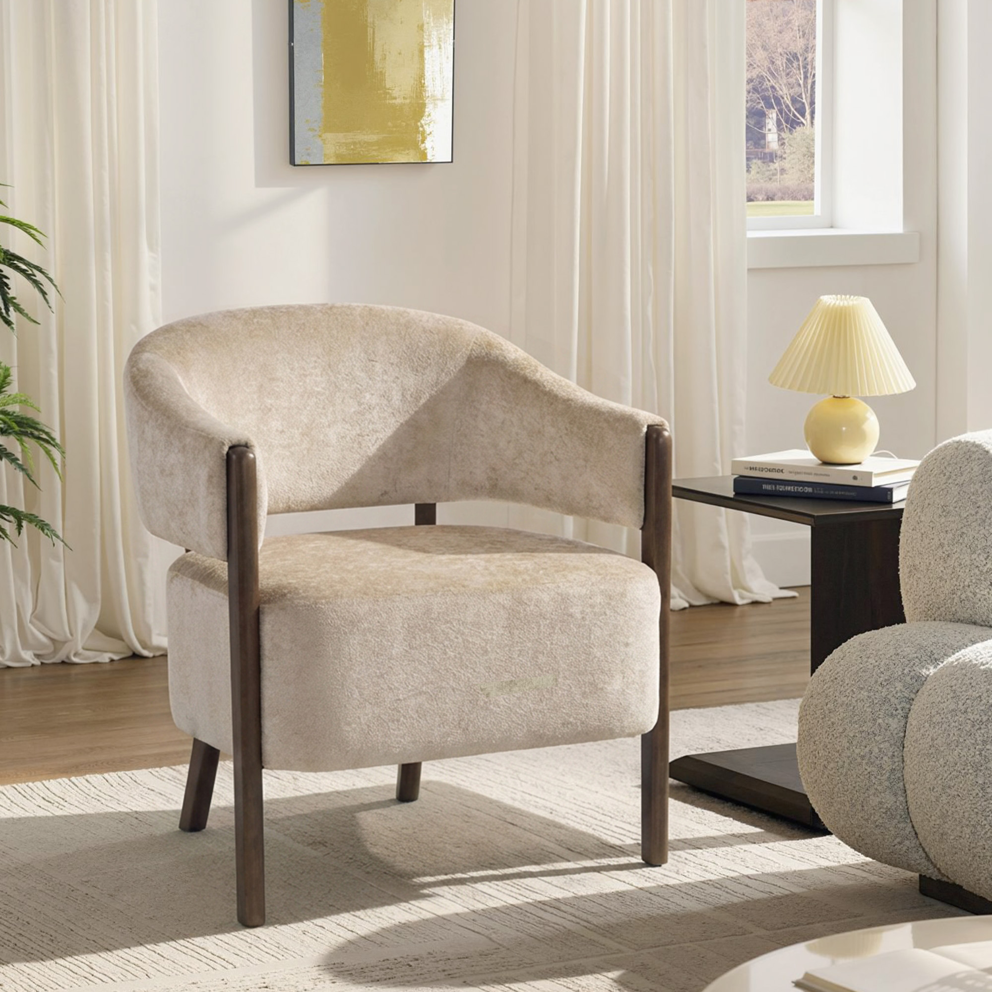 Korostustuoli, chenille-verhoiltu nojatuoli massiivipuurungolla ja jaloilla, beige - Image 2