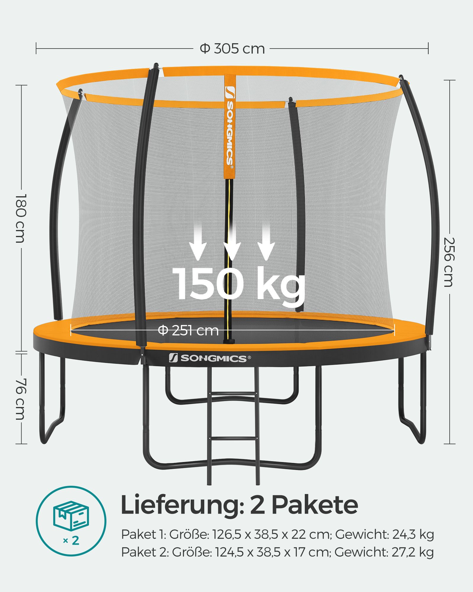 Dārza batuts, apaļš, Ø 305 cm, ar drošības tīklu un kāpnēm, melns un oranžs - Image 7