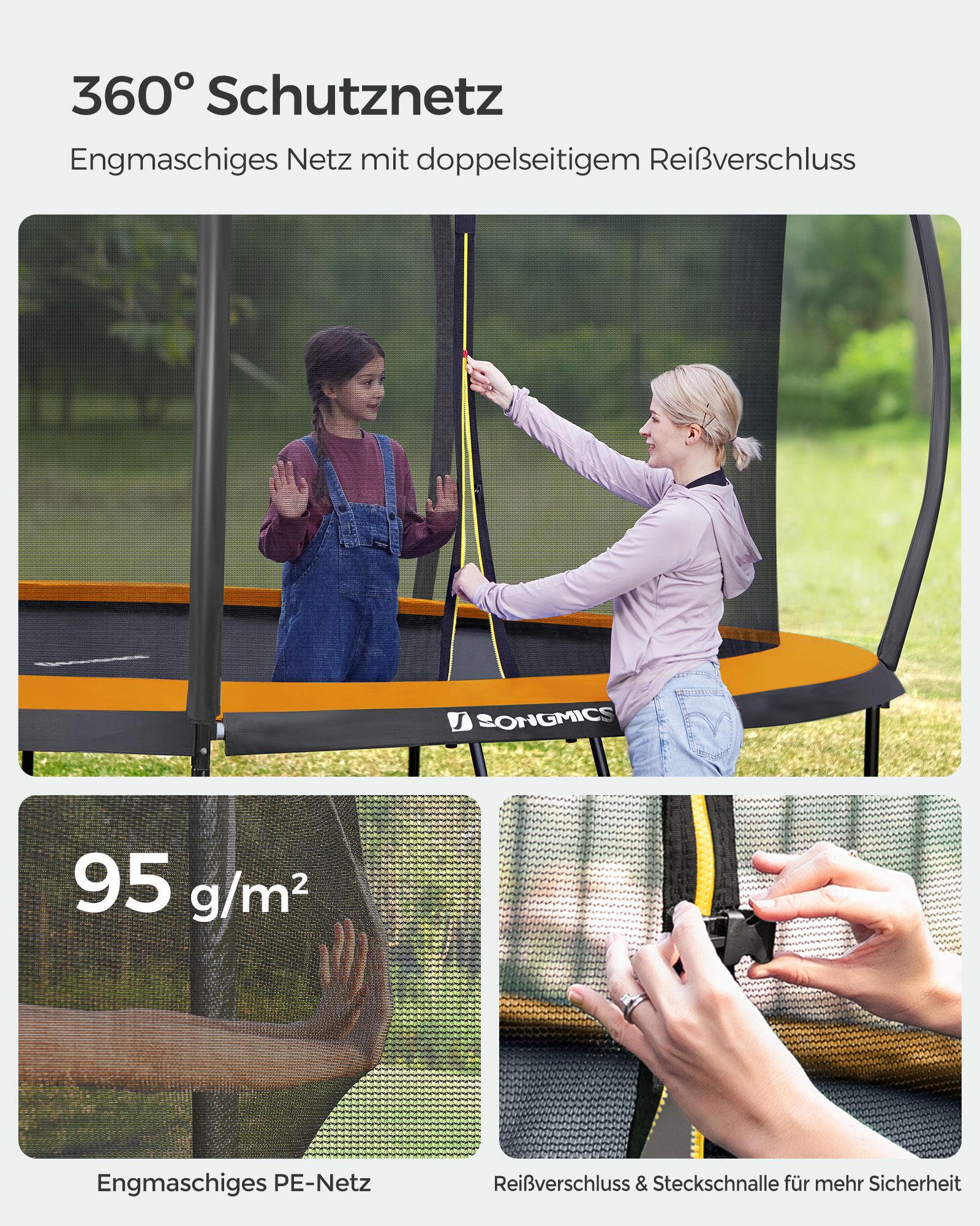 Dārza batuts, apaļš, Ø 305 cm, ar drošības tīklu un kāpnēm, melns un oranžs - Image 8
