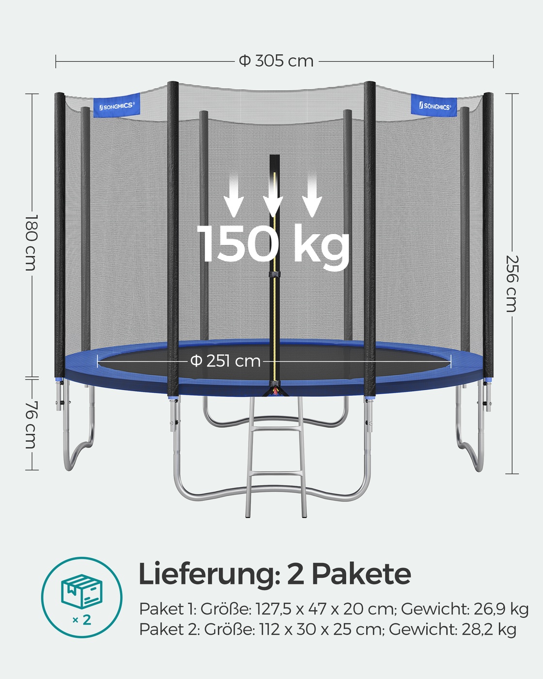 Ulkotrampoliini turvaverkolla, Ø 305 cm, musta-sininen, sinkitty teräsrunko, enintään 150 kg - Image 7
