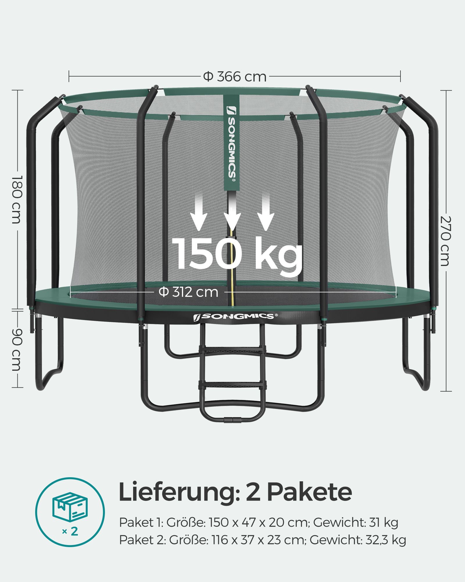 Didelis sodo batutas, apvalus, Ø 366 cm, su vidiniu apsauginiu tinklu ir kopėčiomis - Image 7
