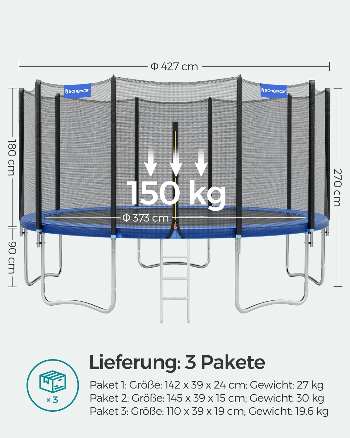 Batuts ar drošības tīklu, Ø 427 cm, melns un zils, ar kāpnēm - Image 7