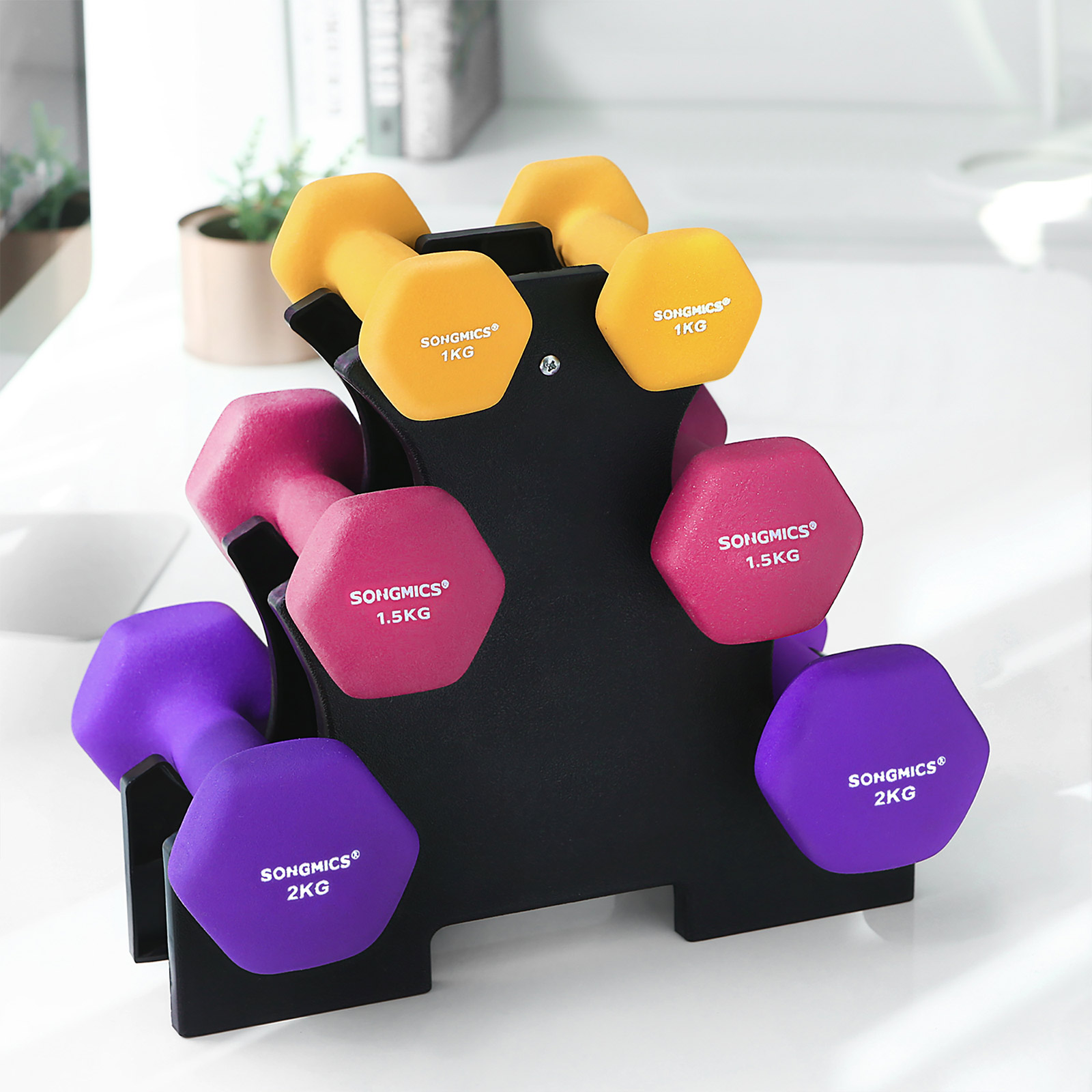 Hanteļu komplekts ar statīvu, 6 gab., čuguns ar neoprēna pārklājumu, dzeltens, rozā, violets - Image 4