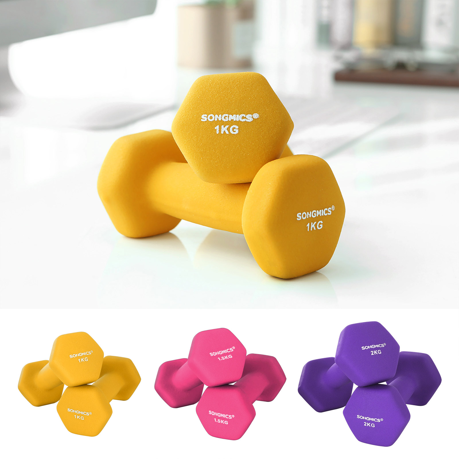 Hanteļu komplekts ar statīvu, 6 gab., čuguns ar neoprēna pārklājumu, dzeltens, rozā, violets - Image 5