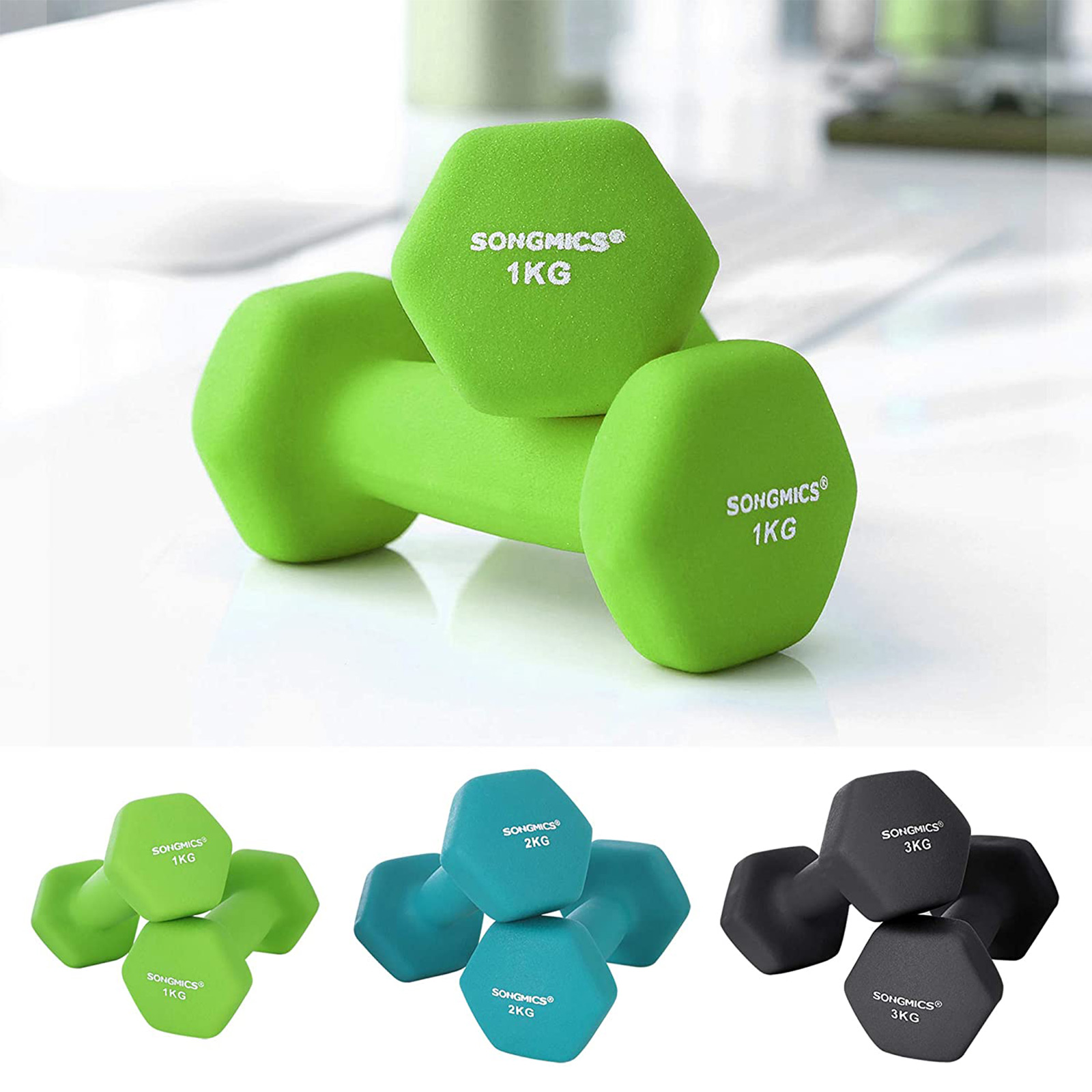 Hantelių rinkinys su stovu, 6 vnt., ketaus su neopreno danga, 2 x 1 kg, 2 x 2 kg, 2 x 3 kg - Image 4
