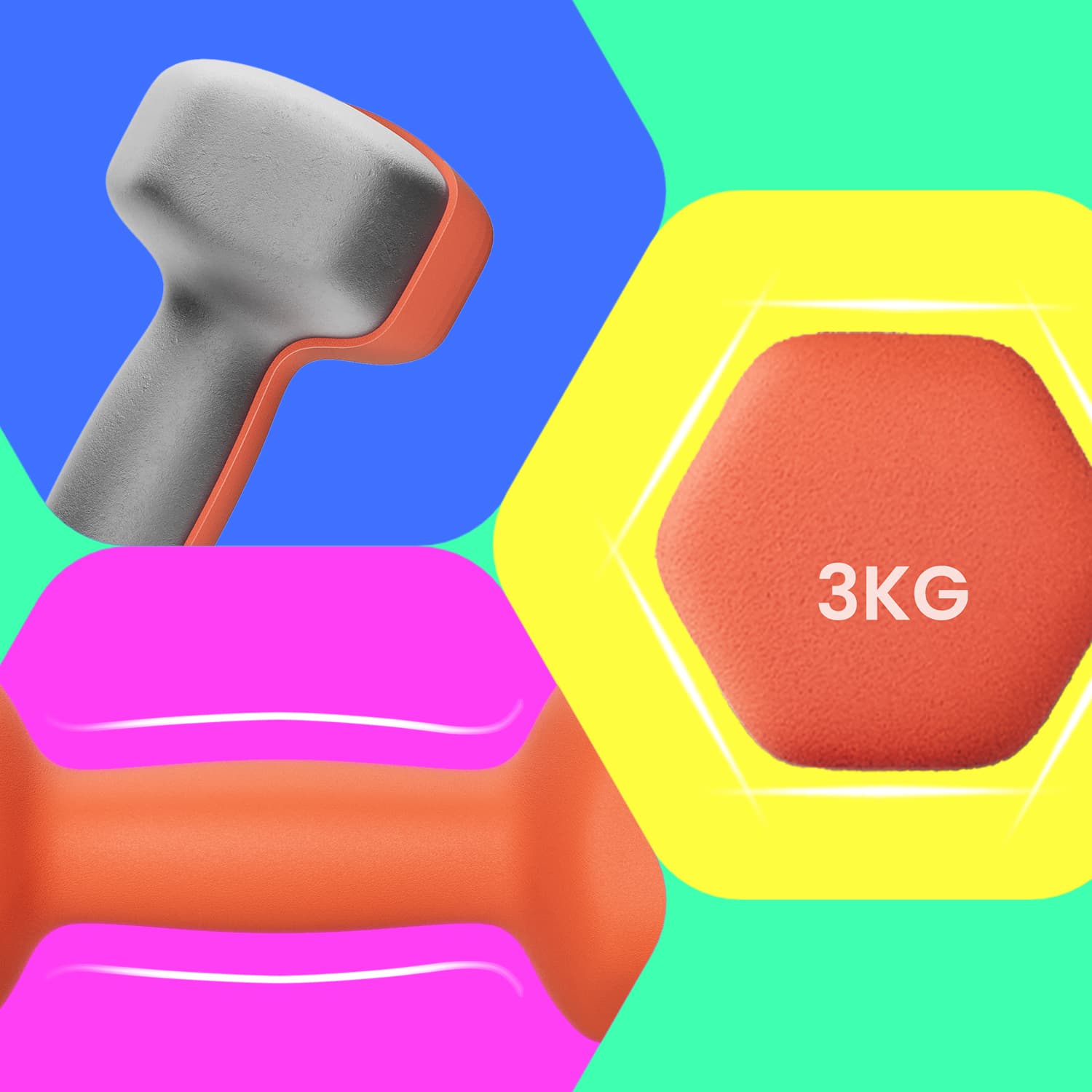 Hanteliai, 2 vnt. rinkinys, 2 x 1 kg, oranžiniai, ketaus su neopreno danga - Image 5