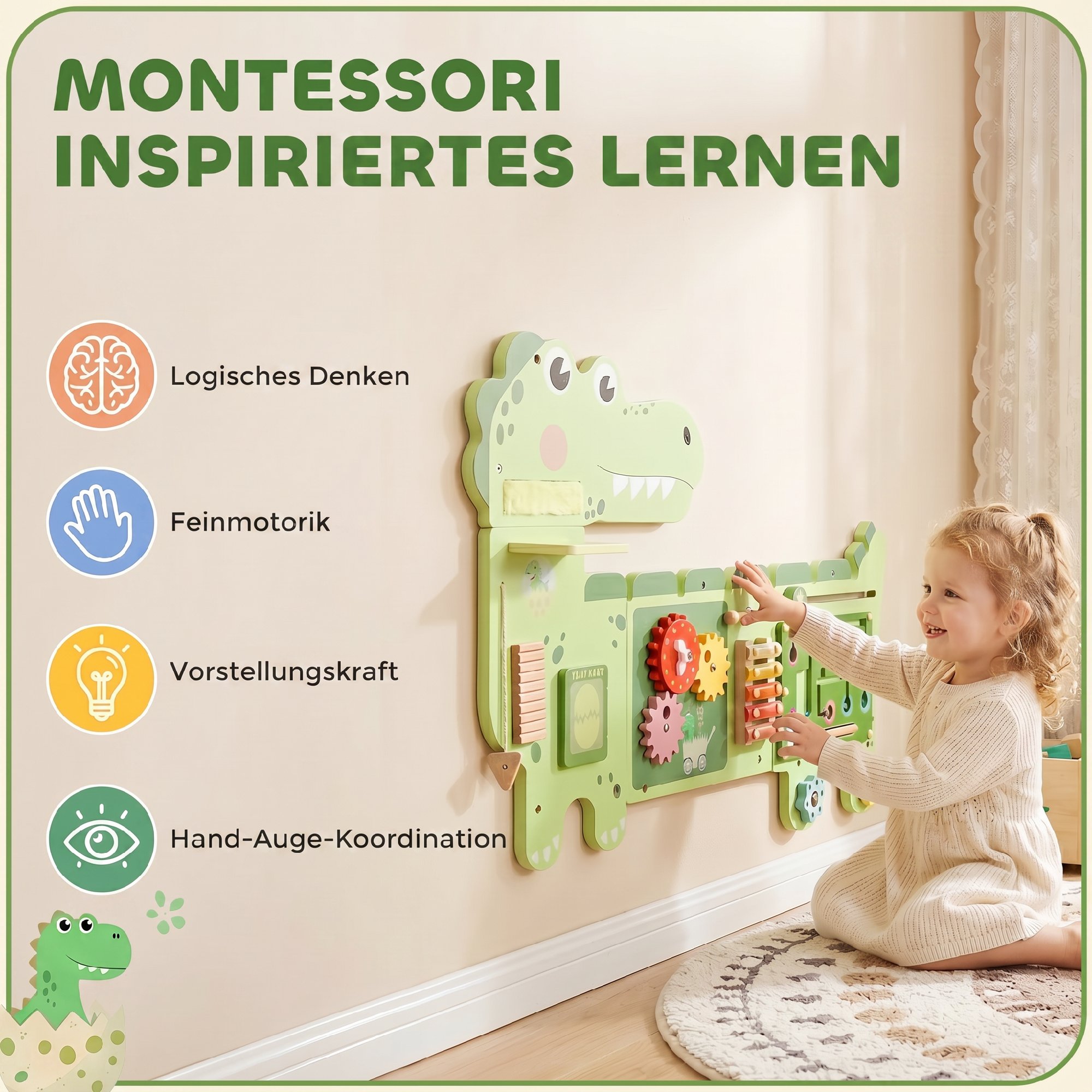 Pie sienas stiprināta montessori aktivitāšu dēlis dinozaurs, zaļš, 87 x 52 x 5,5 cm - Image 5
