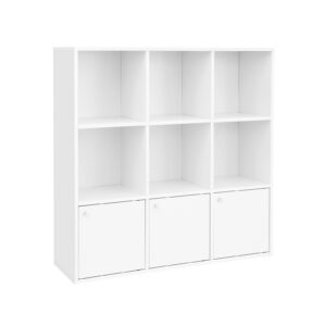Kubveida grāmatplaukts ar 3 durvīm, balts, skaidu plātne, 97,5 x 30 x 97,5 cm