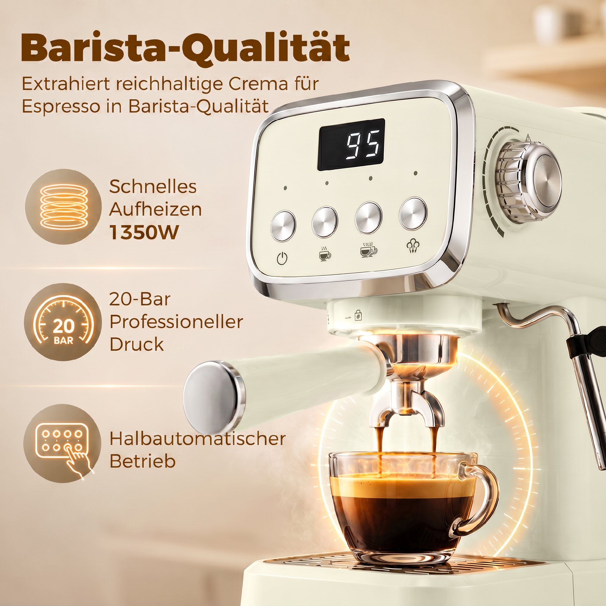 Espressokeitin 20 bar, 1,2 l, kermanvalkoinen / hopea - Image 4