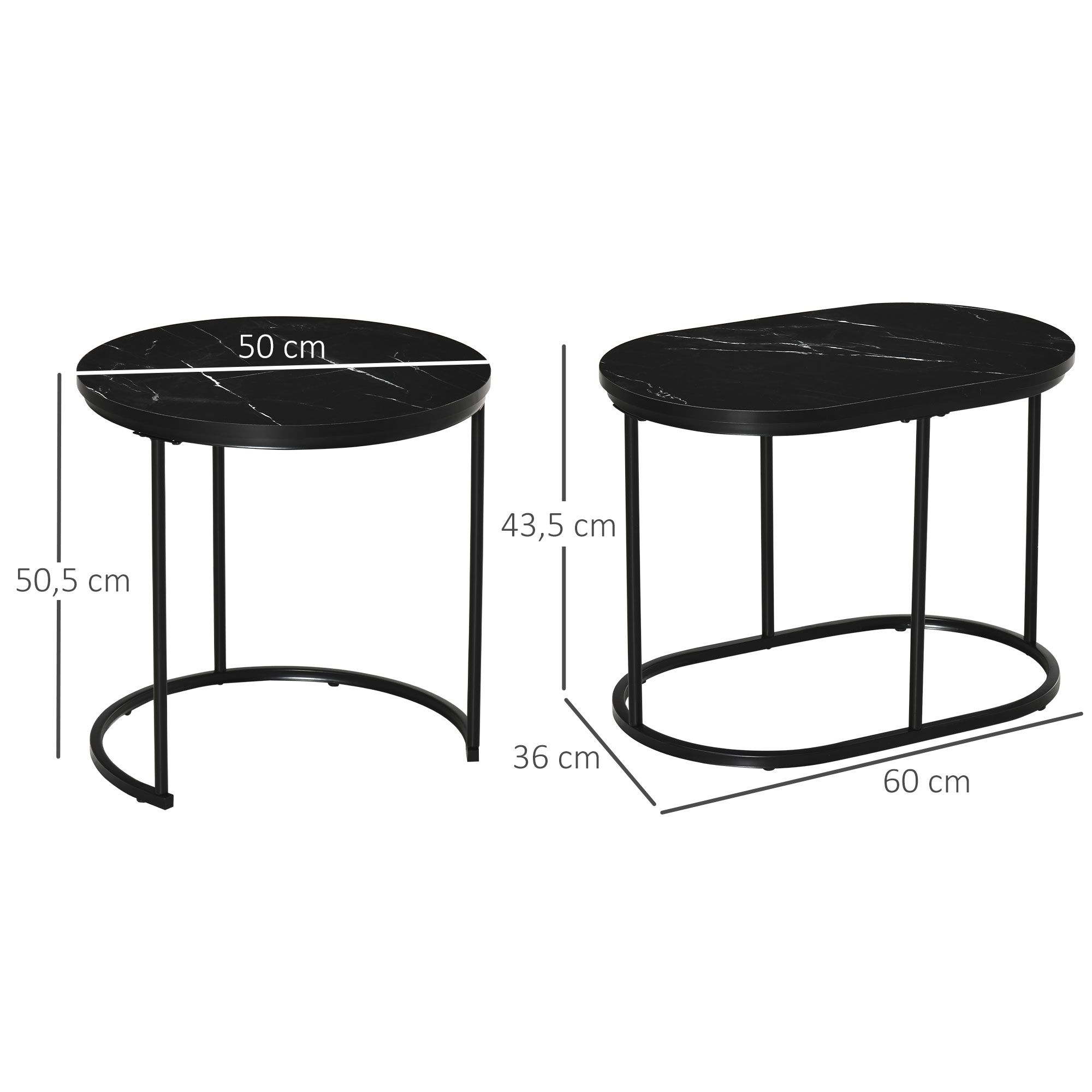 2 daļu kafijas galdiņu komplekts, ovāls un apaļš, marmora izskats, MDF, metāls, melns - Image 3