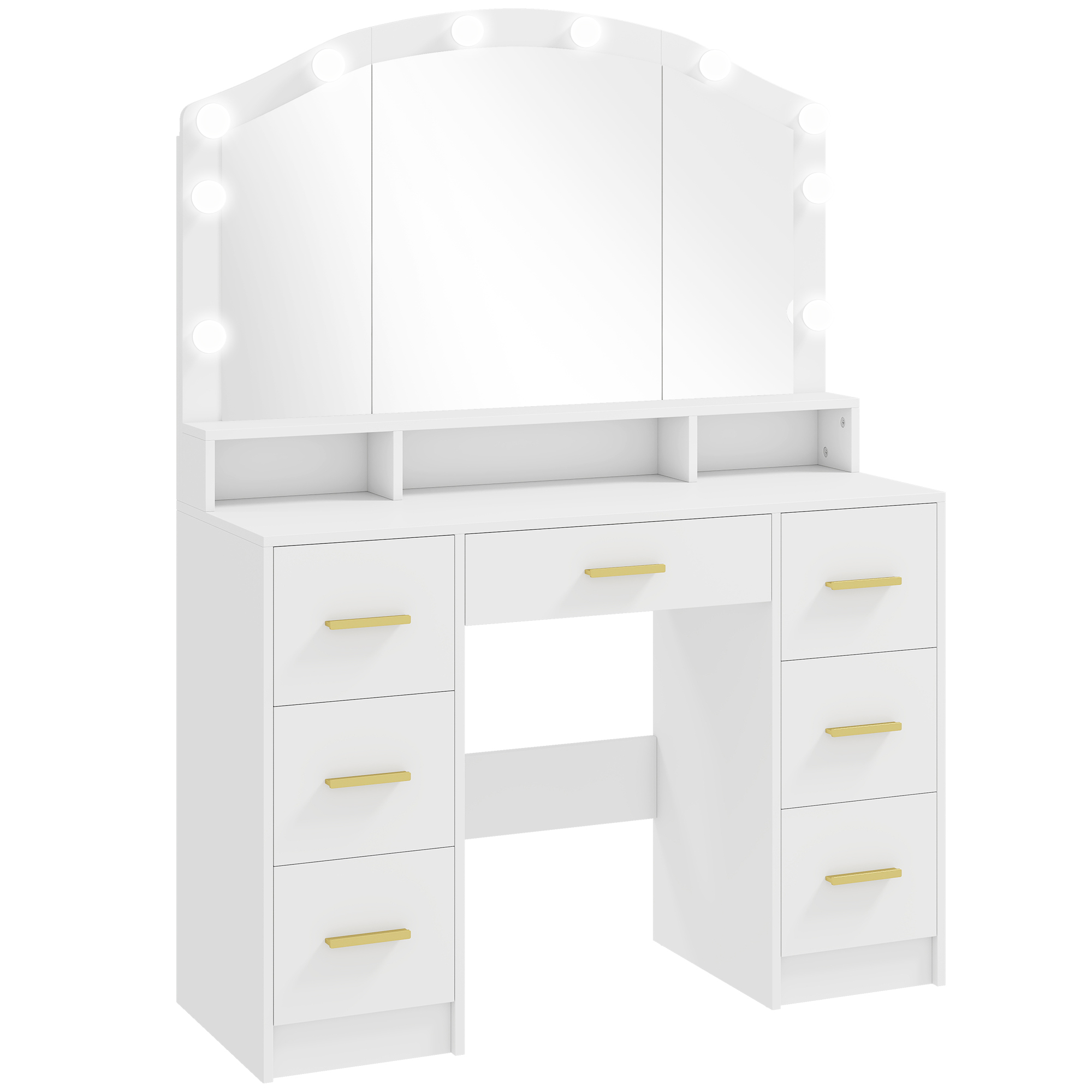 Kosmeetiline laud peegliga, 10 LED-lampi, 7 sahtlit, 3 sektsiooni, MDF, valge