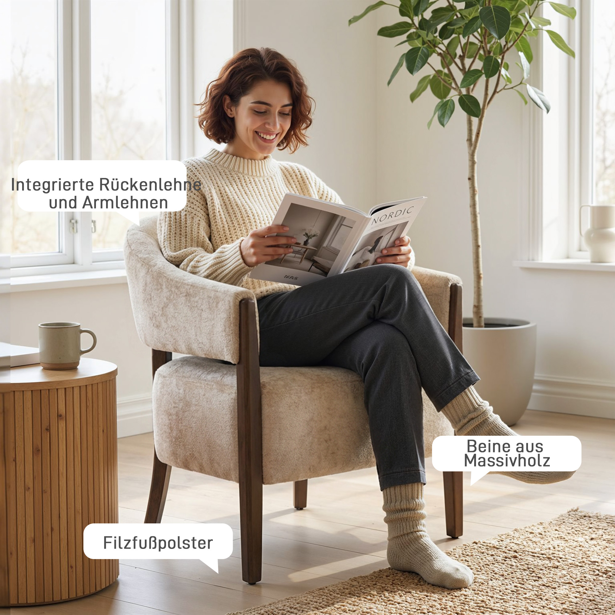 Korostustuoli, chenille-verhoiltu nojatuoli massiivipuurungolla ja jaloilla, beige - Image 7