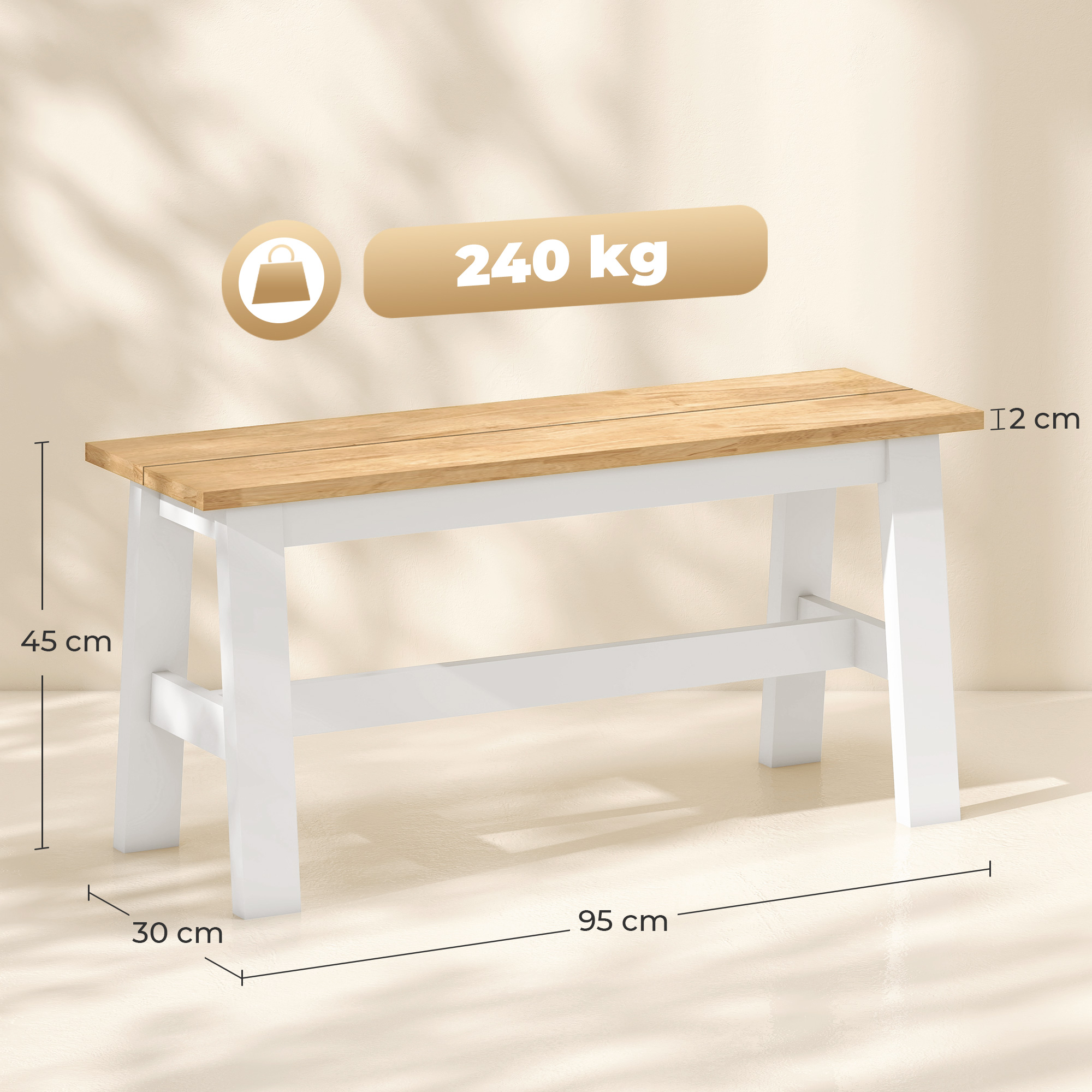 Sols 2 personām, ozolkoka izskats, balts rāmis, 95 x 30 x 45 cm - Image 3