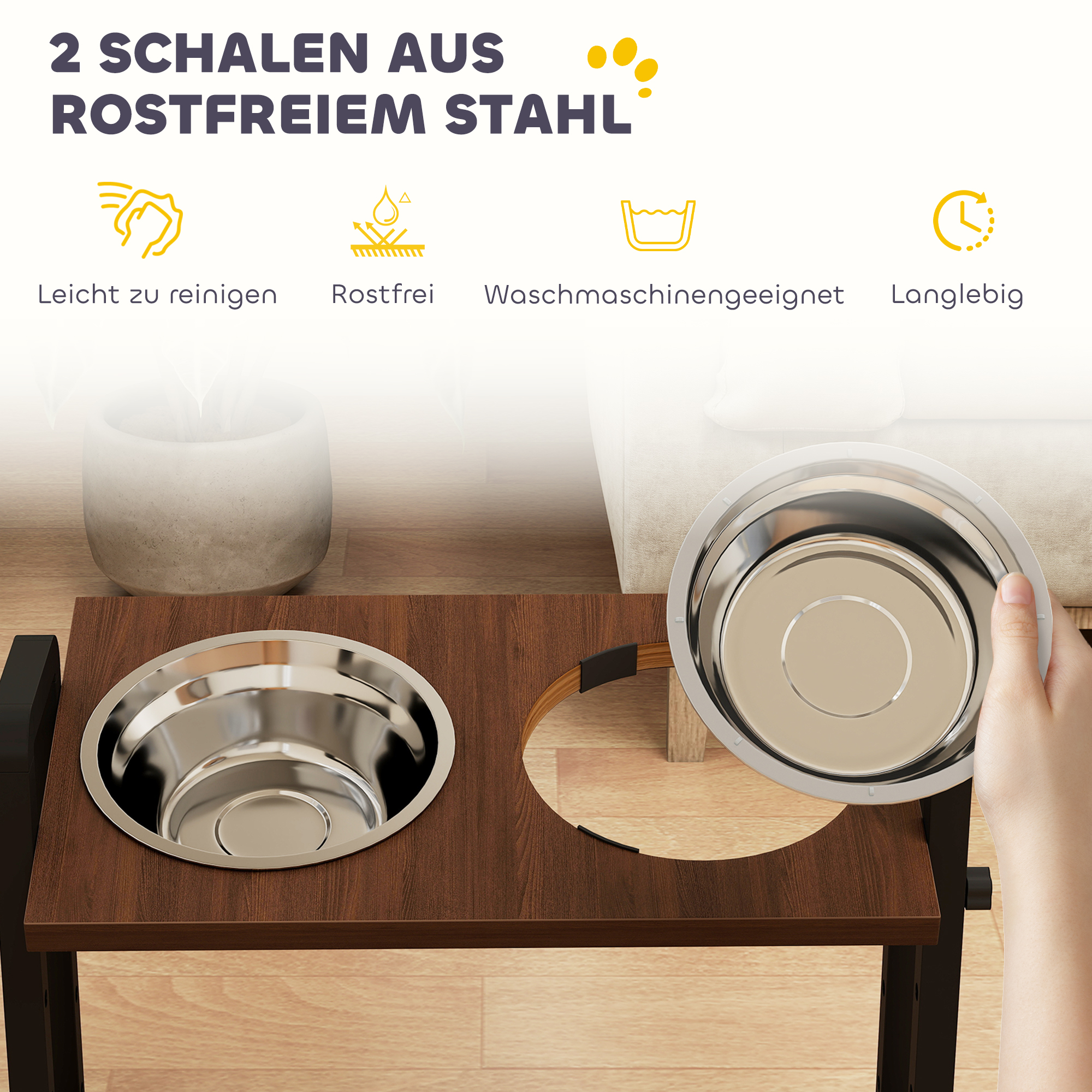 Korotettu koiran ruokakuppiteline, 2 x 1,2 l, 4-portaisesti säädettävä, 3 kulmaa, ruskea - Image 6