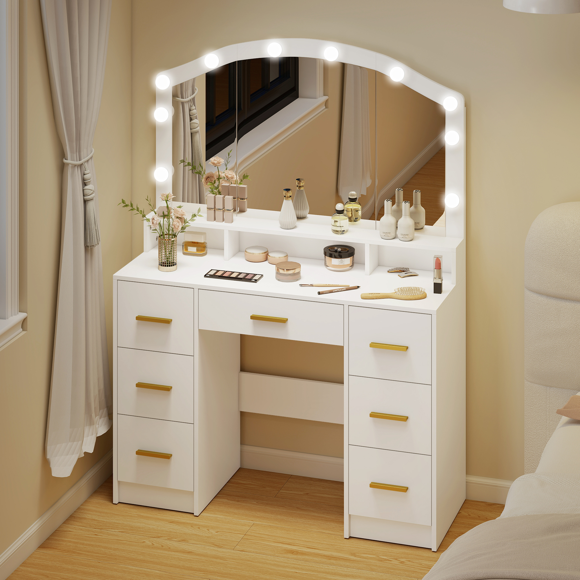 Kosmetinis staliukas su veidrodžiu, 10 LED lempų, 7 stalčiai, 3 skyriai, MDF, baltas - Image 2