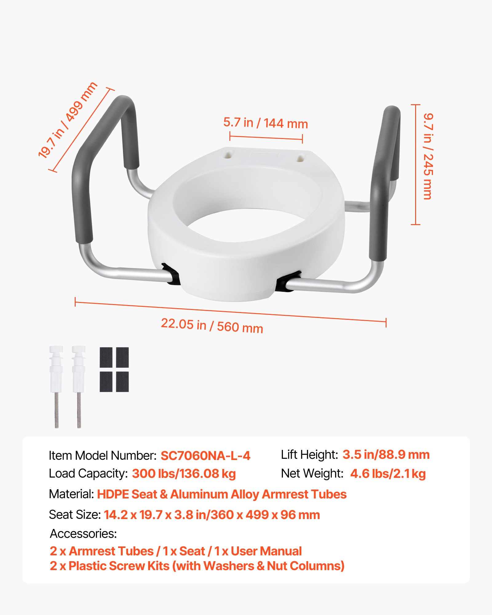 Tõstetud WC iste käetugedega, kandevõime 136,1 kg, tõstekõrgus 88,9 mm