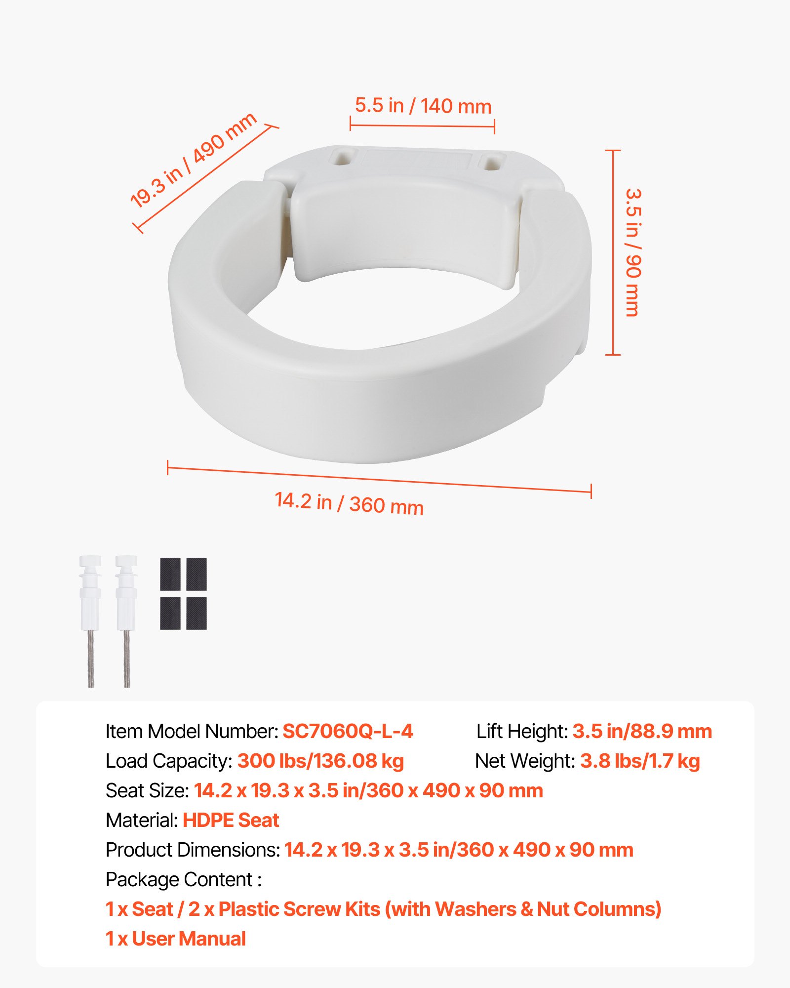 Tõstetud tualetipoti iste, 136,1 kg kandevõime, 88,9 mm kõrgus, piklikule potile