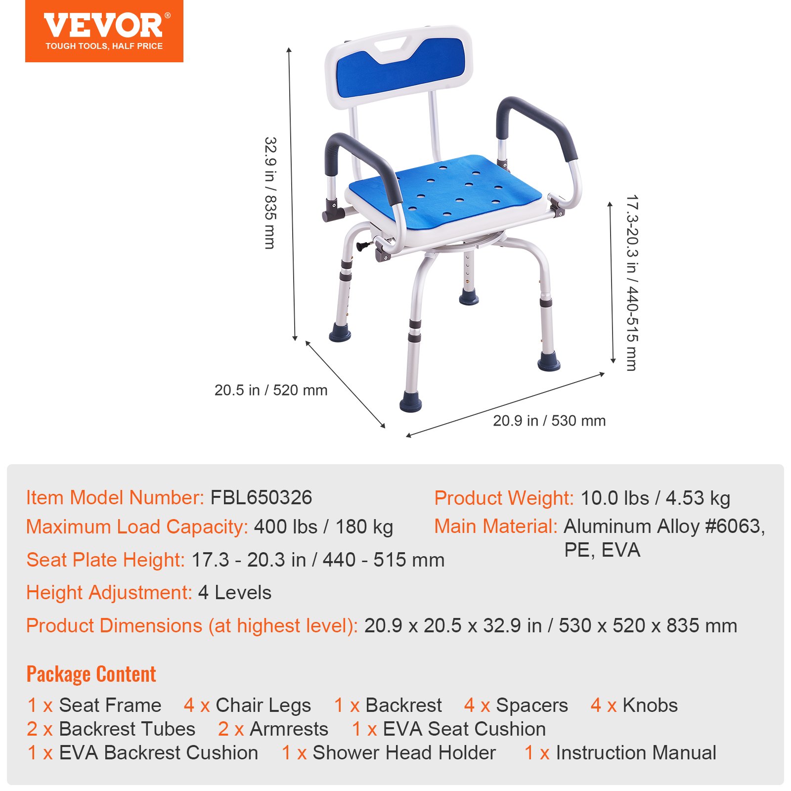 Pöörlev dušitool 360°, reguleeritav käsitoetega, 180 kg, mudel FBL650326
