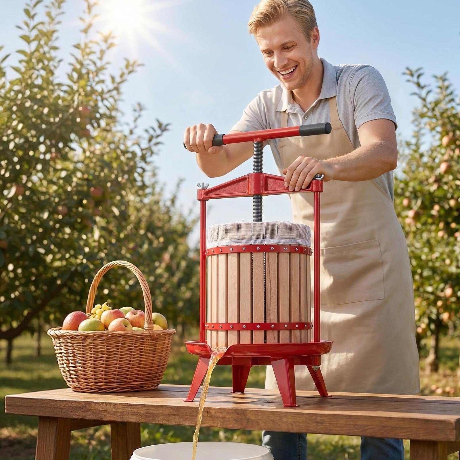 Puuvilja- ja veinipress, 18 l käsitsi mahlapress, pöögipuust korv
