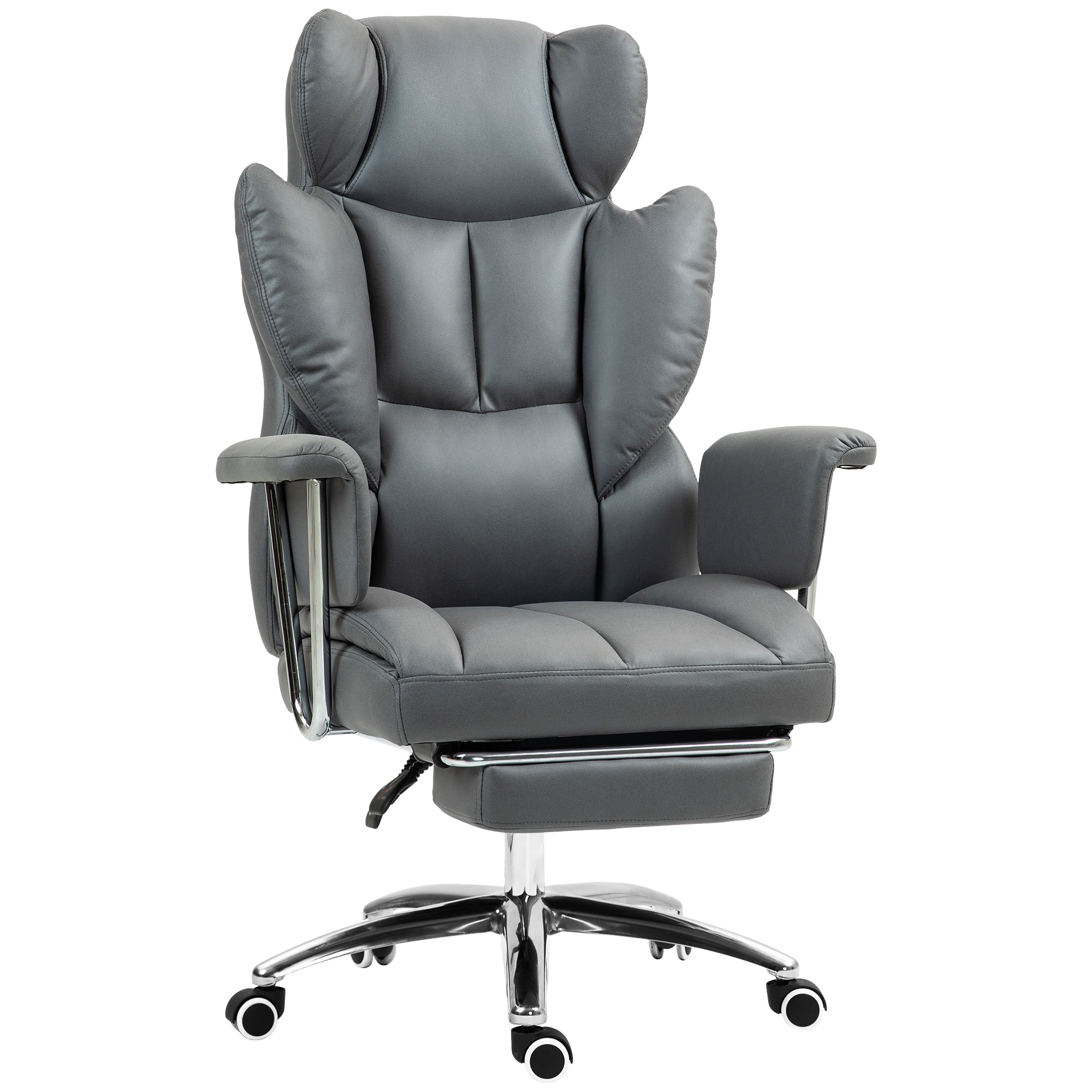 Ergonominė biuro kėdė, minkšta, su kojų atrama, reguliuojama atlošo padėtis, 360° pasukama, tamsiai pilka
