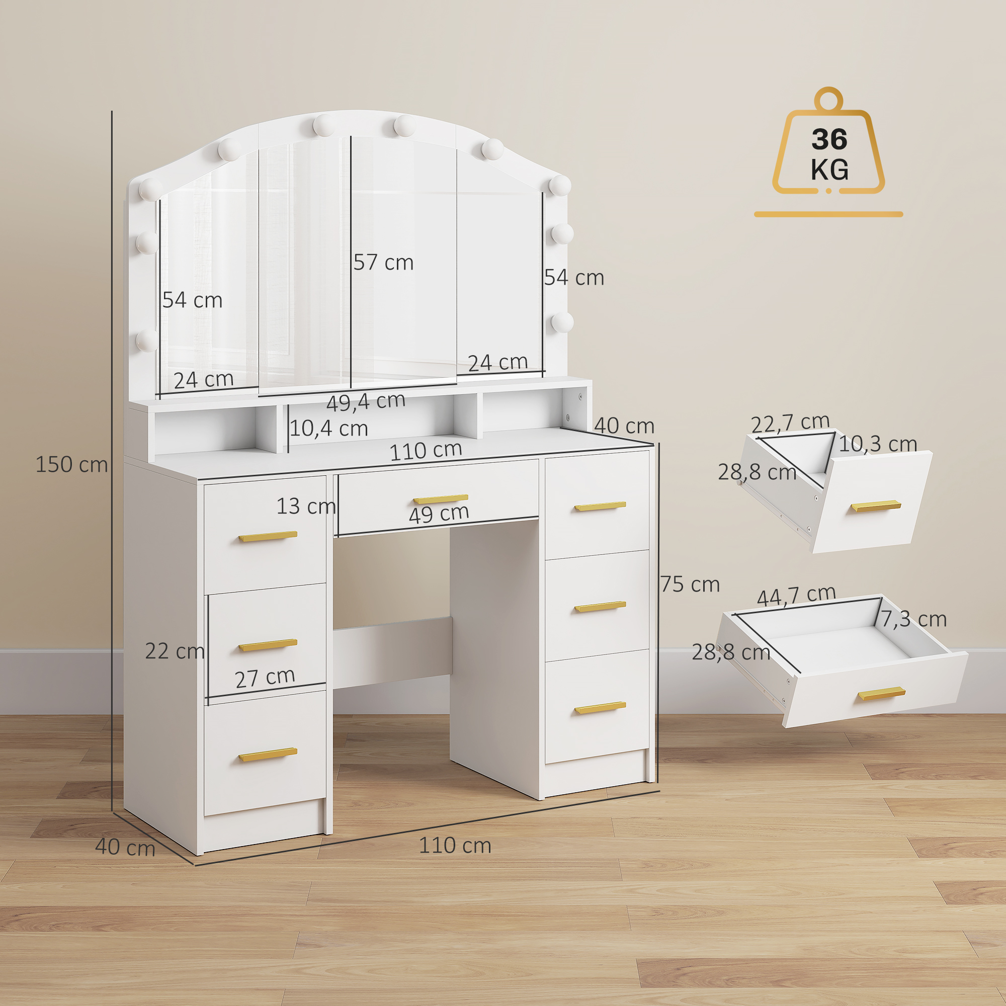 Kosmetinis staliukas su veidrodžiu, 10 LED lempų, 7 stalčiai, 3 skyriai, MDF, baltas - Image 3