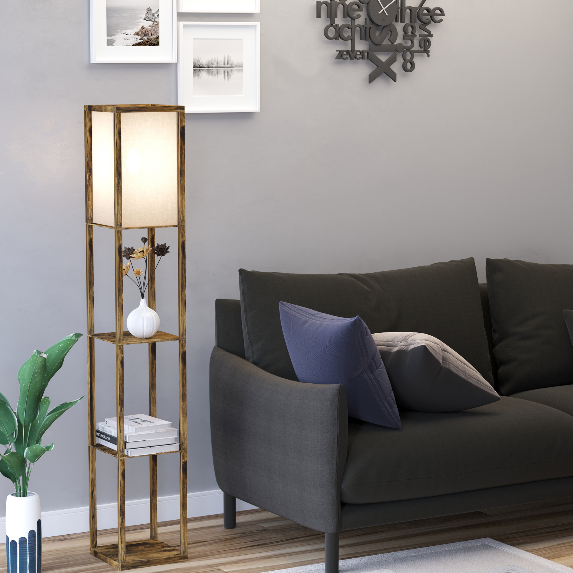 Stāvlampa ar plauktiem, brūna/balta, 26 x 26 x 160 cm - Image 7