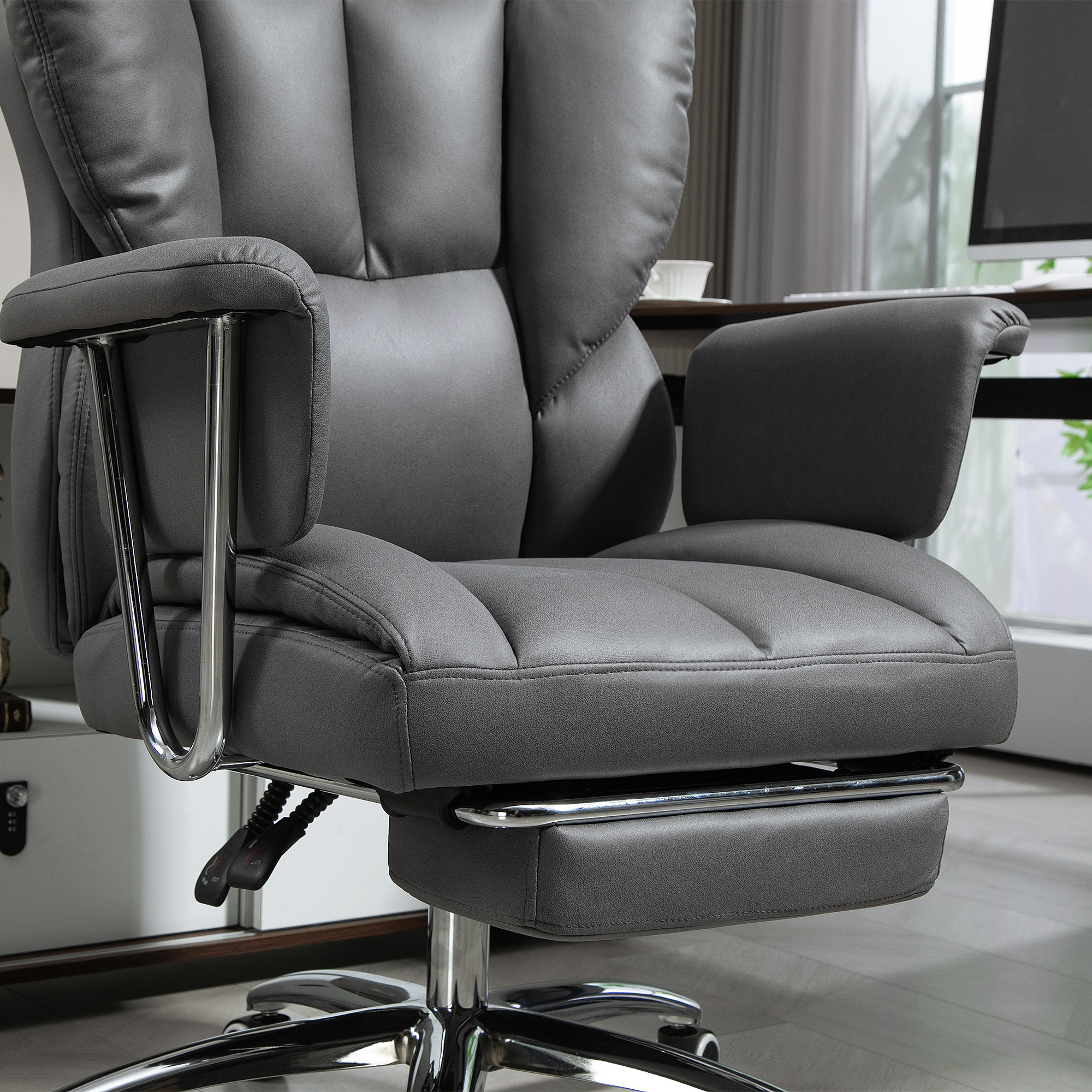 Ergonominen toimistotuoli, pehmustettu, jalkatuella, säädettävä selkänoja, 360° kääntyvä, tummanharmaa - Image 9