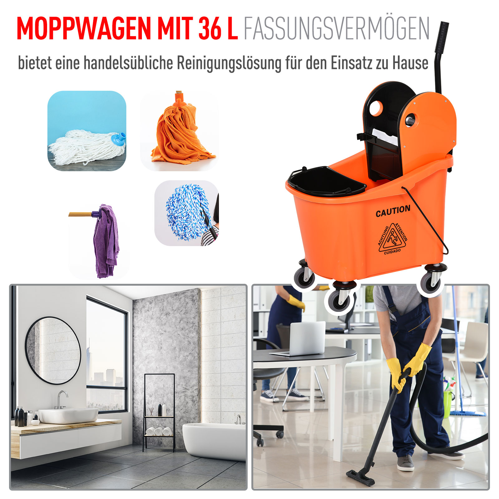 Valymo vežimėlis su išgręžimo spaustuvu, 36 l, juodas / oranžinis, 54 x 41 x 91,5 cm - Image 4