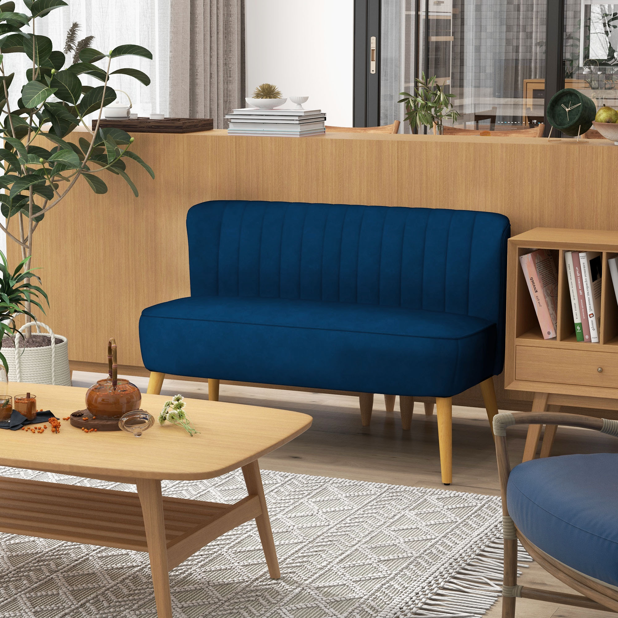 Retro dizaina 2 vietu sofa, koka kājas, tumši zila, 117 x 56,5 x 77 cm - Image 2