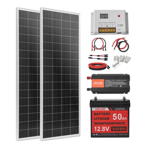 200 W 12 V pilns saules enerģijas komplekts, 2 gab. 100 W monokristāliski saules paneļi + 12