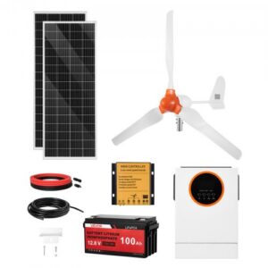 12 V 600 W päikese- ja tuuleenergia komplekt, 2 x 100 W monokristallpaneel + 400 W tuuleturbiin ja kontroller + 12