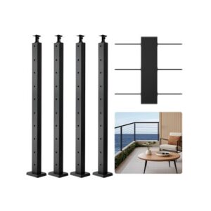 4-osaline kaablipiirde posti komplekt, 91 cm horisontaalse auguga terrassipiirde post, roostevabast terasest, must