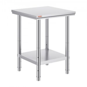 Ruostumattomasta teräksestä valmistettu työpöytä, 600 x 600 x 800 mm, kantavuus 318 kg, 3-portaisesti säädettävä