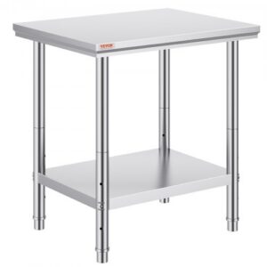 Ruostumattomasta teräksestä valmistettu valmistelupöytä, 600 x 760 x 800 mm, kantavuus 318 kg, 3 korkeusasetusta