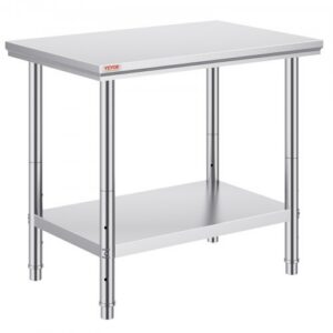 Ruostumattomasta teräksestä valmistettu valmistelupöytä, 900 x 600 x 800 mm, kantavuus 318 kg, 3 korkeussäätöä