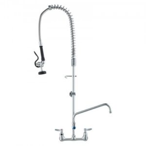 Komerciāls jaucējkrāns ar priekšskalošanas smidzinātāju, 112 cm, 20,3 cm centrs, 30,5 cm grozāms snīpis, pie sienas montējams